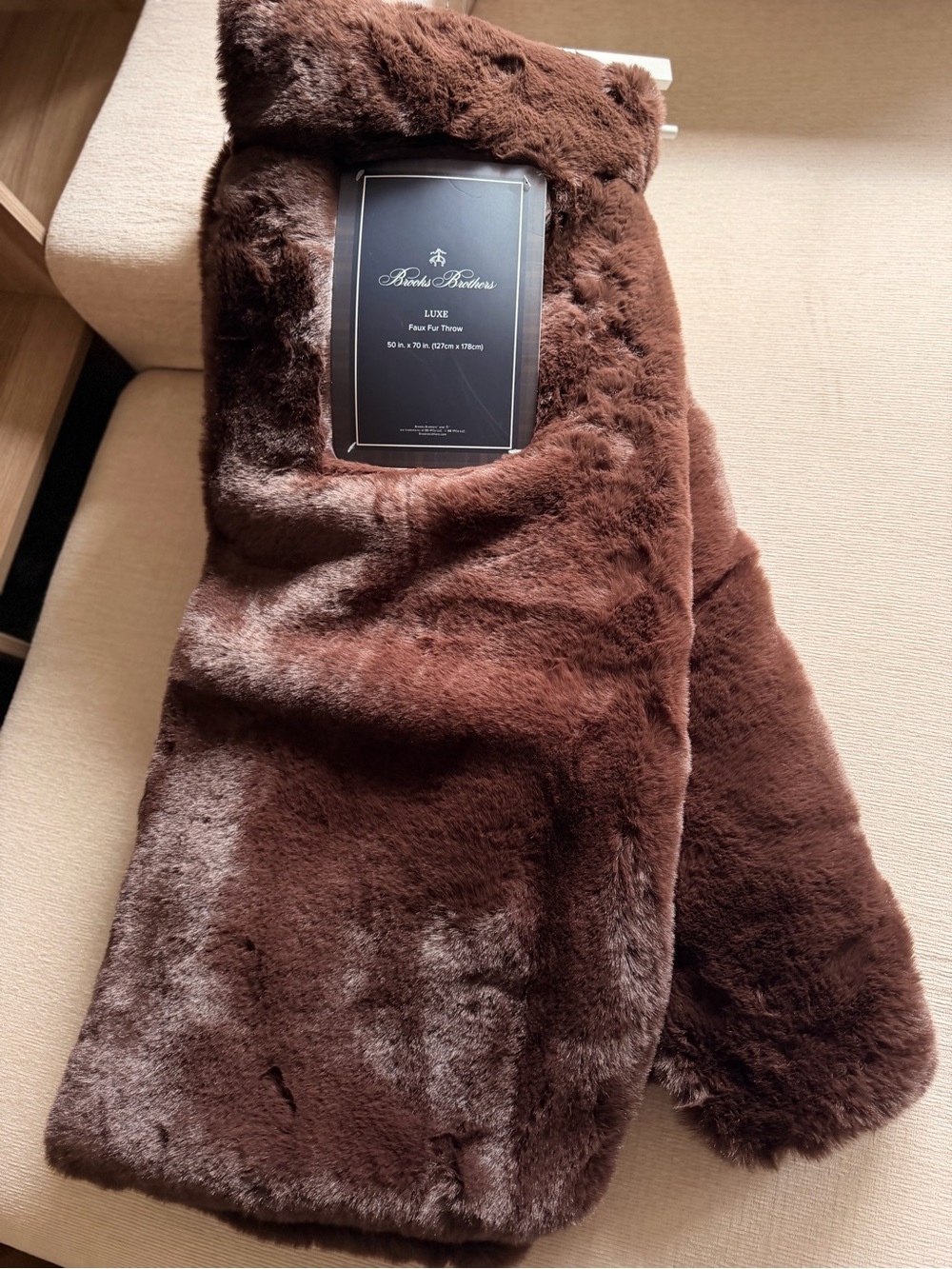 Brooks Brothers Brown Faux Fur Throw Blanket 50x70 Lodge Luxury Thick Soft Cozy